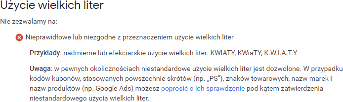 Zasady stosowania wielkich liter w nazwach produktów w Google Ads. Czy w Google Ads nazwy produktów mogą być napisane dużymi literami?