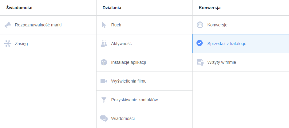 Przykład konfiguracji remarketingu dynamicznego na FB z ustawionym celem: Konwersja > Sprzedaż z katalogu Przykład konfiguracji remarketingu dynamicznego na FB z ustawionym celem: Konwersja > Sprzedaż z katalogu