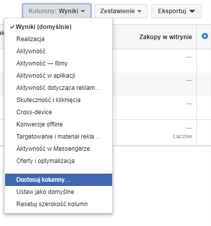 Dostosowanie kolumn w raportach remarketingu dynamicznego Facebook Ads Dostosowanie kolumn w raportach remarketingu dynamicznego Facebook Ads