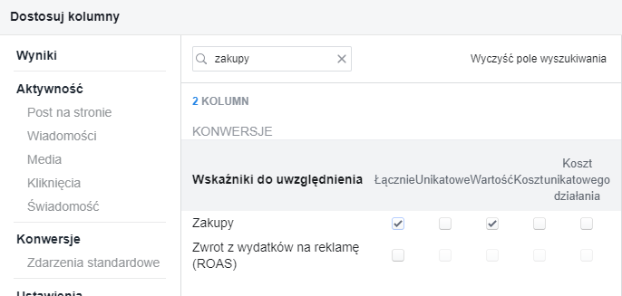 Dostosowanie kolumn (zakupy) - Łącznie oraz Wartość Dostosowanie kolumn (zakupy) - Łącznie oraz Wartość