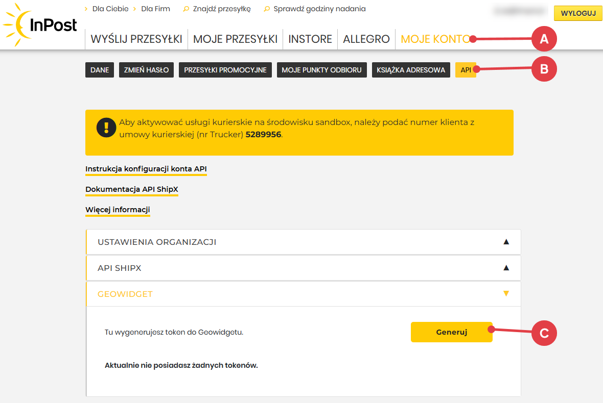 Wygeneruj token Geowidgetu Generowanie tokena Geowidgetu w panelu Magangera Paczek