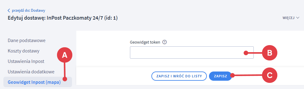 Podaj Geowidget token z Managera paczek InPost Pobierz token z Managera Paczkomatów i wklej do ustawień w panelu Shoper