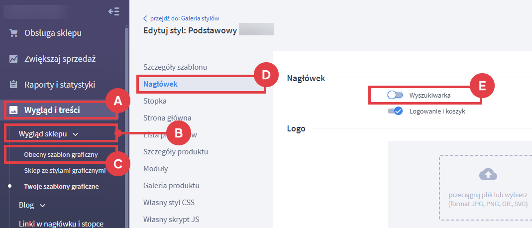 Panel administracyjny sklepu > Wygląd i treści > Wygląd sklepu > Obecny szablon graficzny > Nagłówek > Wyszukiwarka