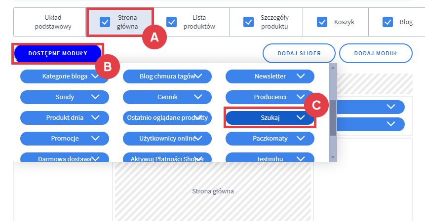 Panel administracyjny sklepu > Wygląd i treści > Wygląd sklepu > Obecny szablon graficzny > Konfigurator wyglądu > Moduły