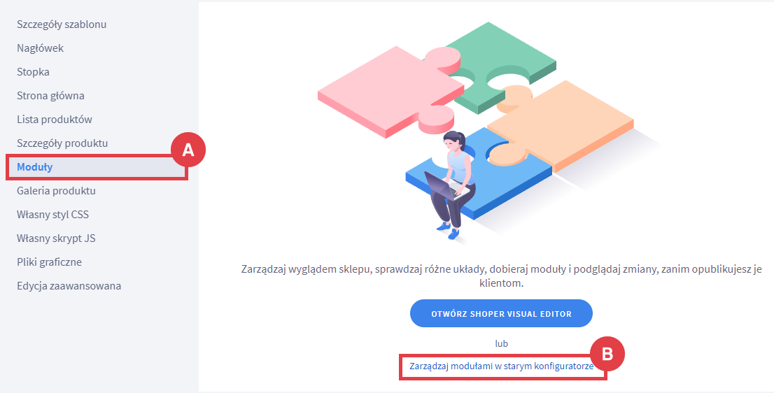 Panel administracyjny sklepu > Wygląd i treści > Wygląd sklepu > Obecny szablon graficzny > Moduły > Konfigurator wyglądu