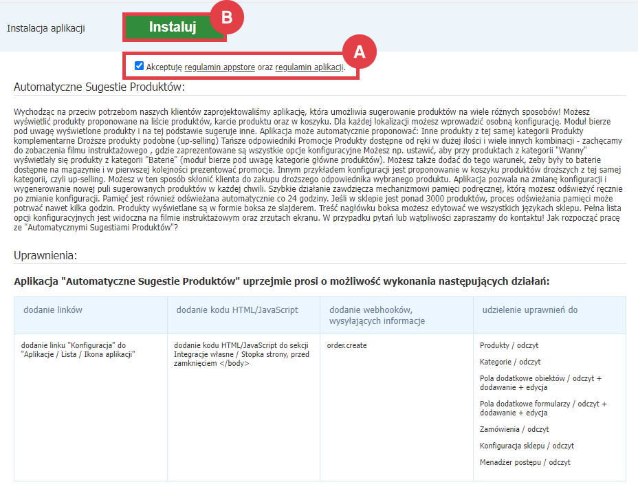 Panel administracyjny sklepu > Dodatki i integracje > Aplikacje > Automatyczne Sugestie Produktów > Instalacja