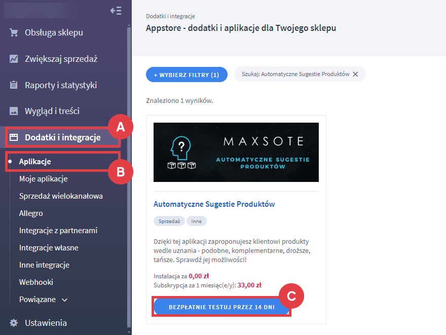 Panel administracyjny sklepu > Dodatki i integracje > Aplikacje > Automatyczne Sugestie Produktów