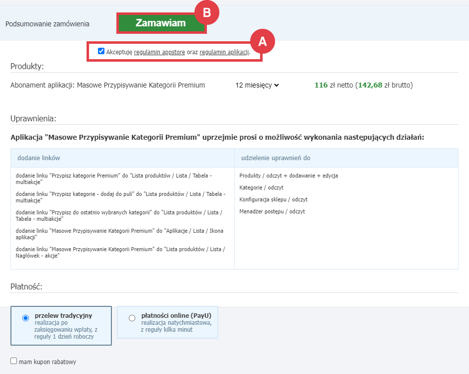 Zamów abonament aplikacji Masowe Przypisywanie Kategorii Premium w sklepie Shoper Panel administracyjny sklepu > Dodatki i integracje > Aplikacje > Masowe Przypisywanie Kategorii Premium > Instalacja