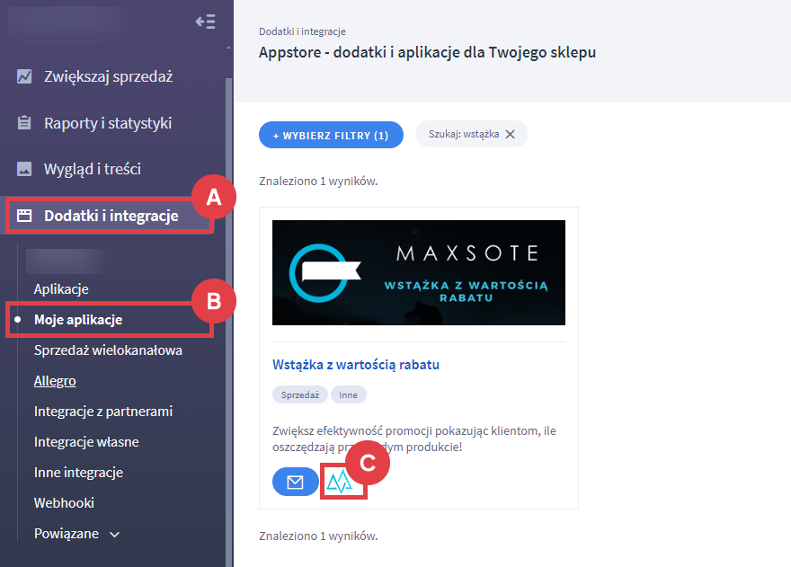 Panel administracyjny sklepu > Dodatki i integracje > Moje aplikacje > Wstążka z wartością rabatu