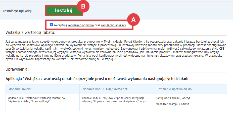 Panel administracyjny sklepu > Dodatki i integracje > Aplikacje > Wstążka z wartością rabatu > Instalacja