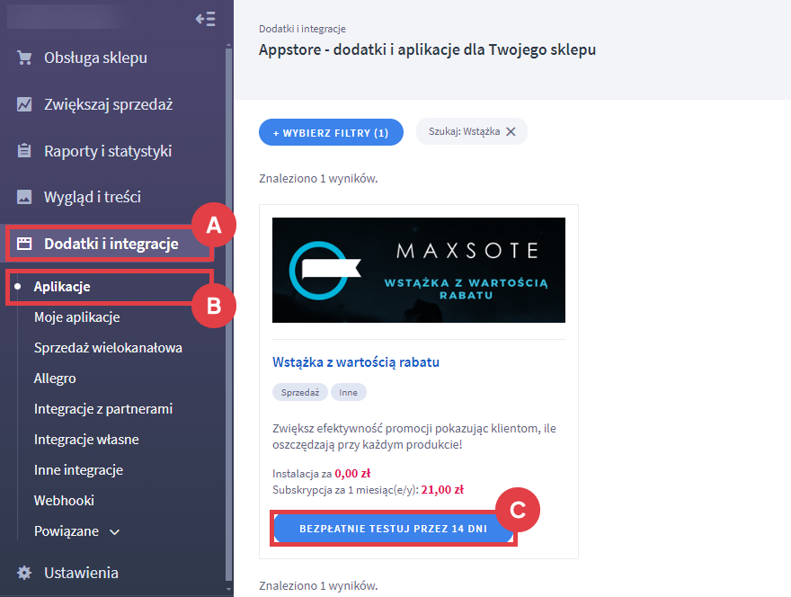 Panel administracyjny sklepu > Dodatki i integracje > Aplikacje > Wstążka z wartością rabatu