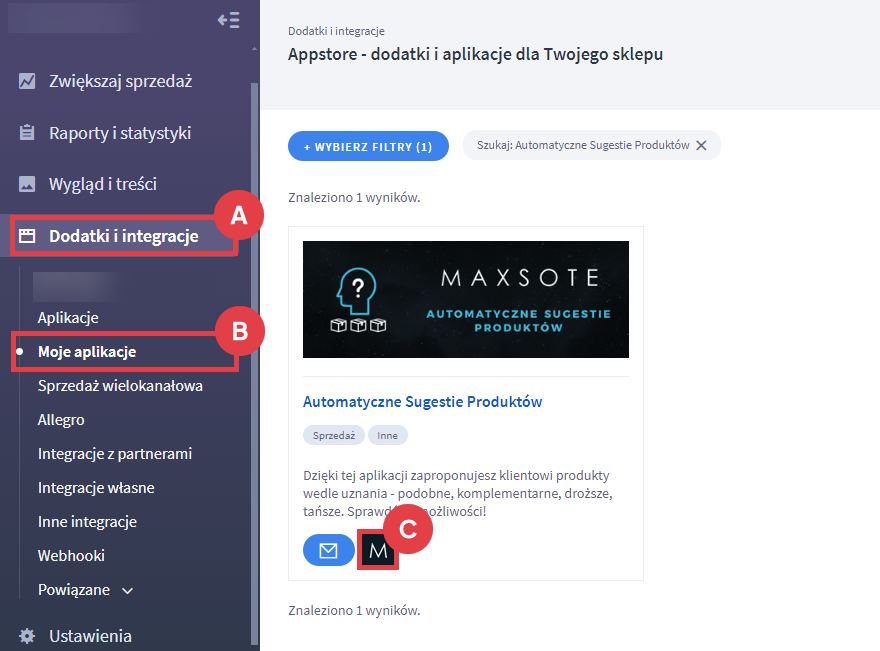 Panel administracyjny sklepu > Dodatki i integracje > Moje aplikacje > Automatyczne Sugestie Produktów