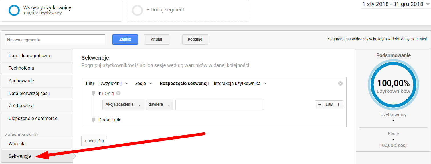 Google Analytics > Odbiorcy > Przegląd > Dodaj segment > Nowy segment
