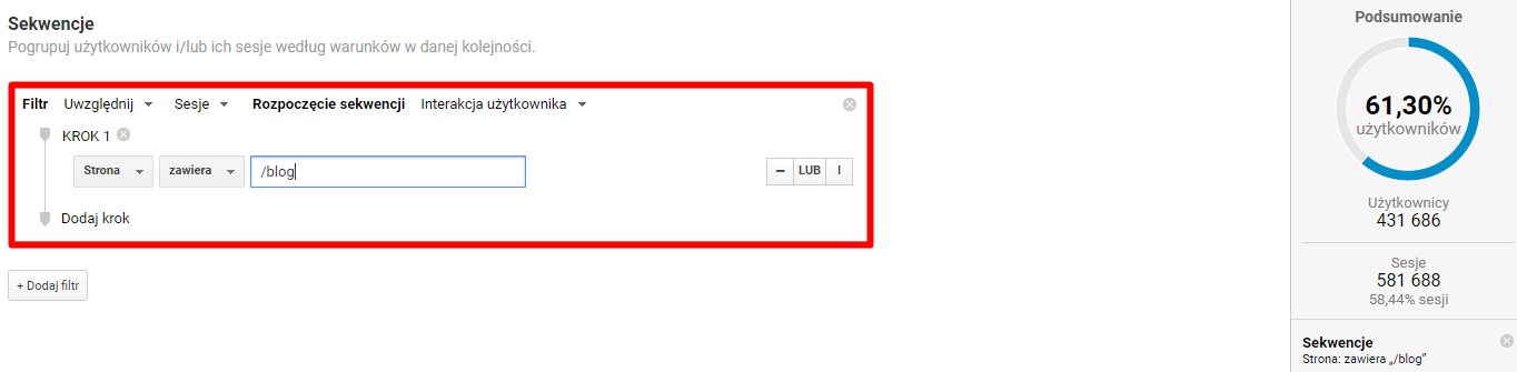 Google Analytics > Odbiorcy > Przegląd > Dodaj segment > Nowy segment > Sekwencje > Adres