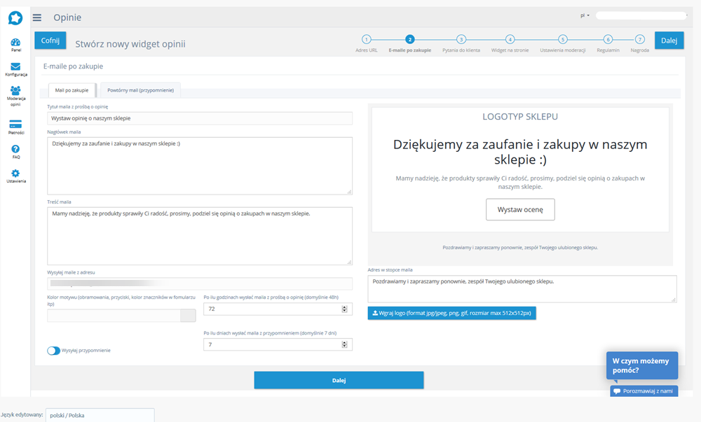 Panel administracyjny sklepu > Dodatki i integracje > Moje aplikacje > Getreview > Tworzenie widgetu opinii > E-maile po zakupie