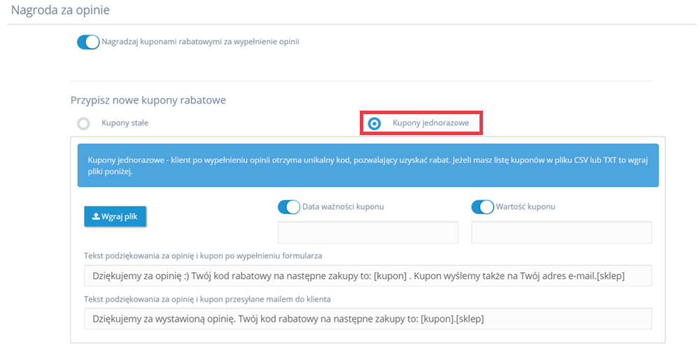 Panel administracyjny sklepu > Dodatki i integracje > Moje aplikacje > Getreview > Tworzenie widgetu opinii > Nagroda > Kupony jednorazowe