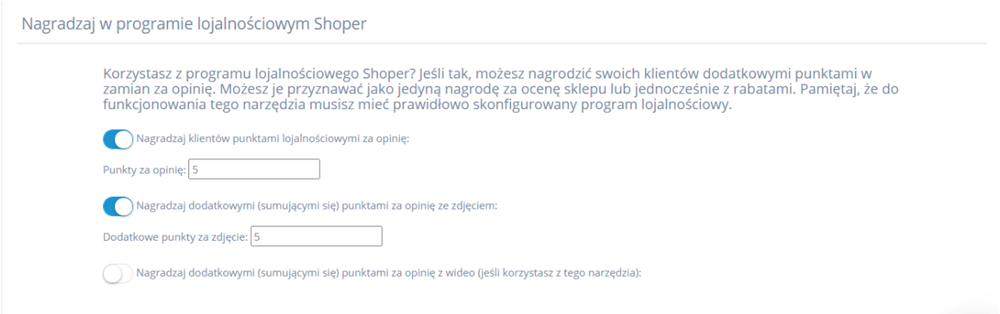 Panel administracyjny sklepu > Dodatki i integracje > Moje aplikacje > Getreview > Tworzenie widgetu opinii > Nagroda > Punkty