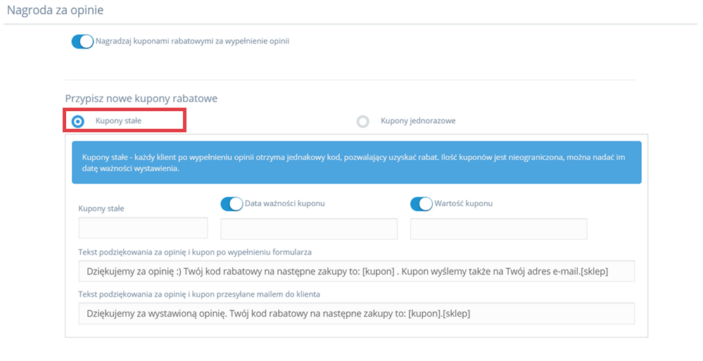 Panel administracyjny sklepu > Dodatki i integracje > Moje aplikacje > Getreview > Tworzenie widgetu opinii > Nagroda > Kupony stałe