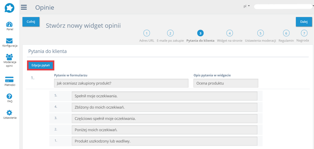 Panel administracyjny sklepu > Dodatki i integracje > Moje aplikacje > Getreview > Tworzenie widgetu opinii > Pytania do klienta