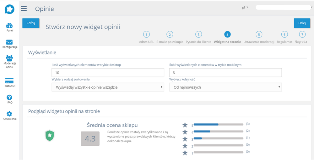 Panel administracyjny sklepu > Dodatki i integracje > Moje aplikacje > Getreview > Tworzenie widgetu opinii > Widget na stronie