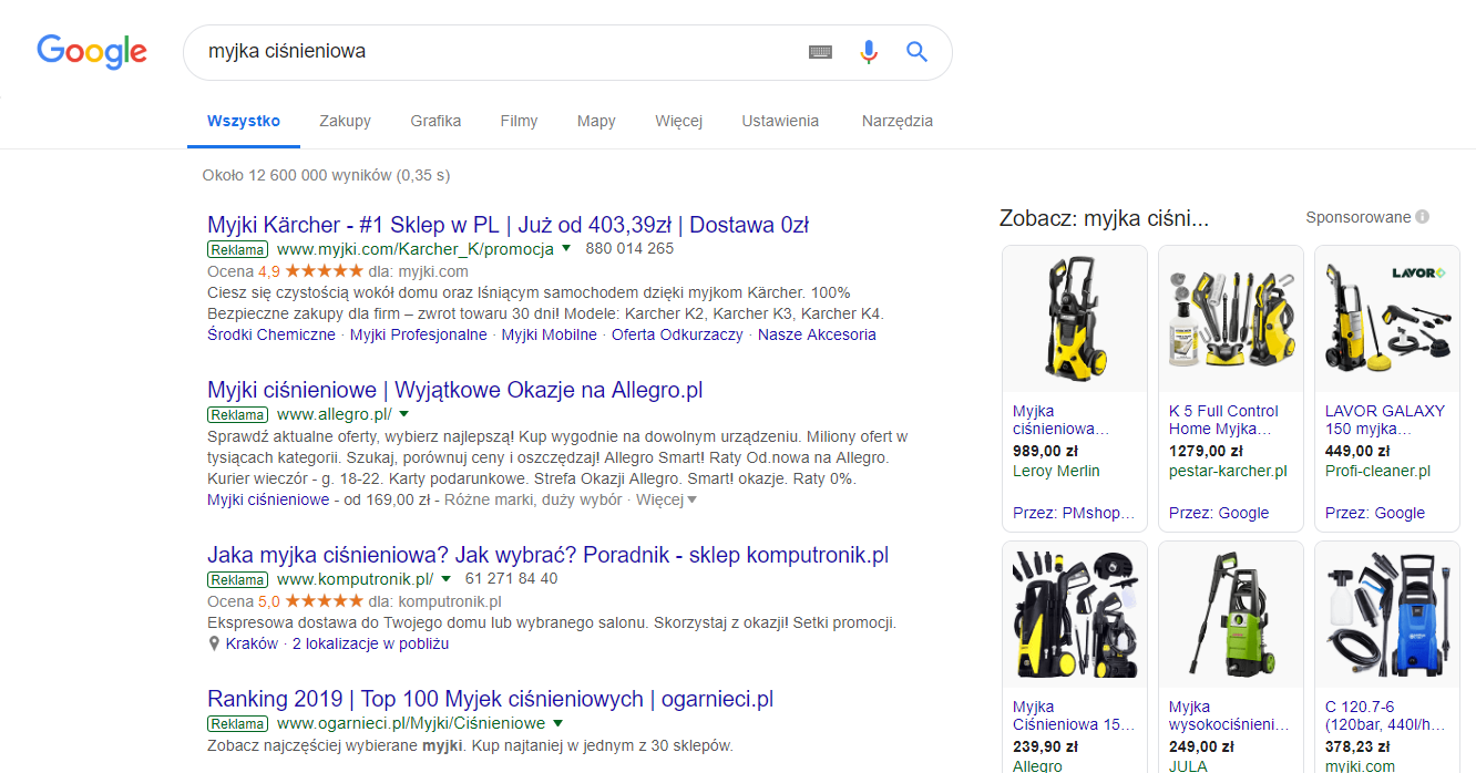 Przykład wyników Google - na początku zawsze wyświetlane są reklamy tekstowe