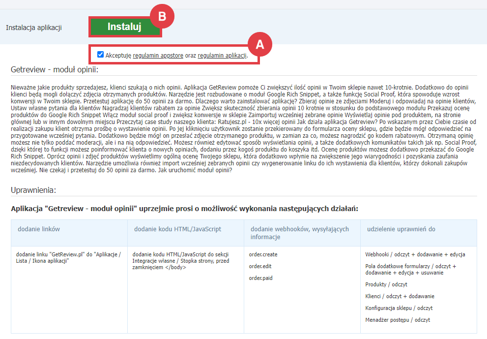 Panel administracyjny sklepu > Dodatki i integracje > Aplikacje > Getreview - moduł opinii > Instalacja