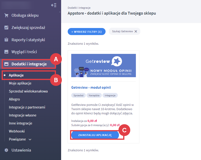 Panel administracyjny sklepu > Dodatki i integracje > Aplikacje > Getreview - moduł opinii