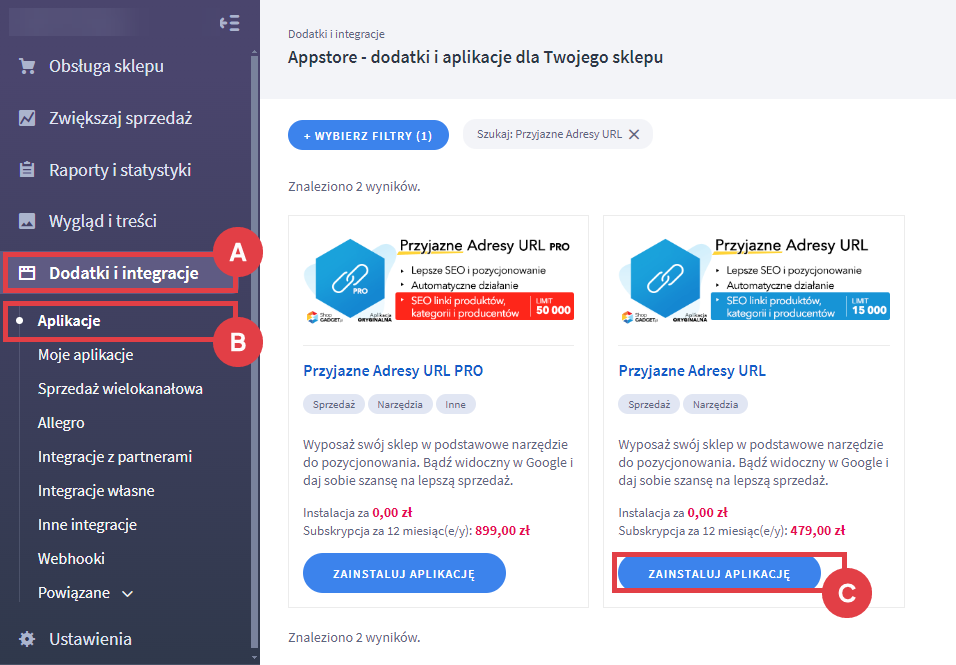 Panel administracyjny sklepu > Dodatki i integracje > Aplikacje > Przyjazne adresy URL