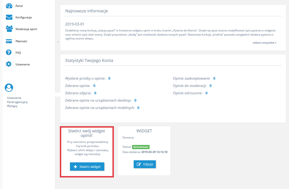 Panel administracyjny sklepu > Dodatki i integracje > Moje aplikacje > Getreview > Widget opinii