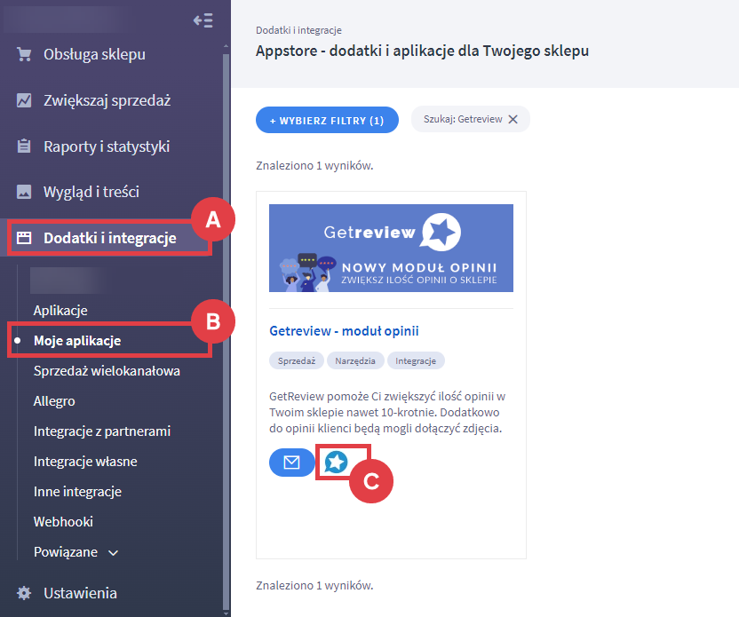 Panel administracyjny sklepu > Dodatki i integracje > Moje aplikacje > Getreview