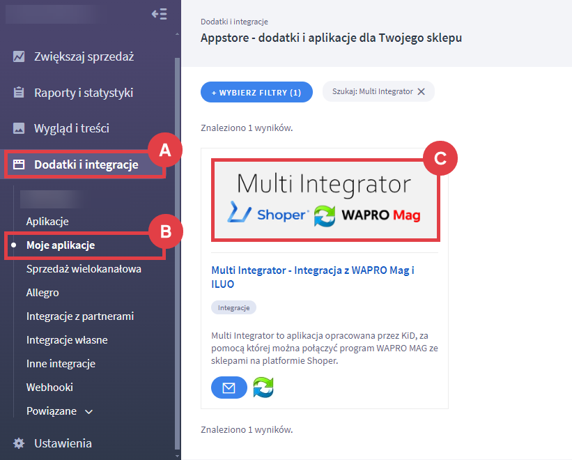 Kliknij baner, aby przejść do szczegółów zainstalowanej aplikacji Multi Integrator Panel administracyjny sklepu > Dodatki i integracje > Moje aplikacje > Multi Integrator - Integracja z WAPRO Mag i ILUO