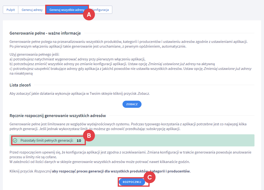 Panel administracyjny sklepu > Dodatki i integracje > Moje aplikacje > Przyjazne adresy URL > Generowanie adresów