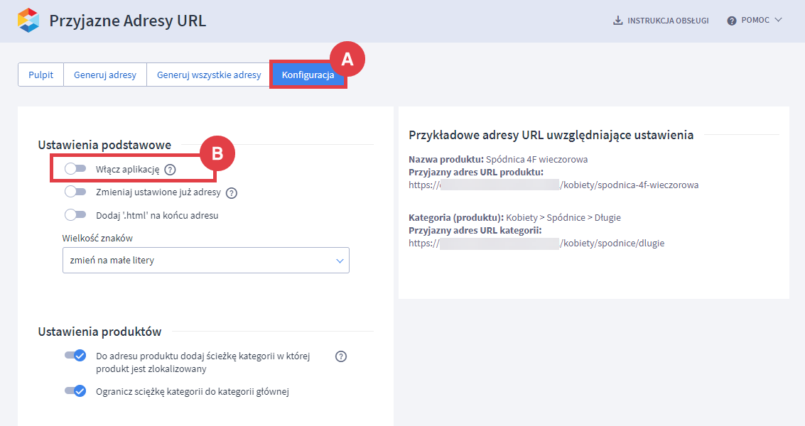 Panel administracyjny sklepu > Dodatki i integracje > Moje aplikacje > Przyjazne adresy URL > Konfiguracja
