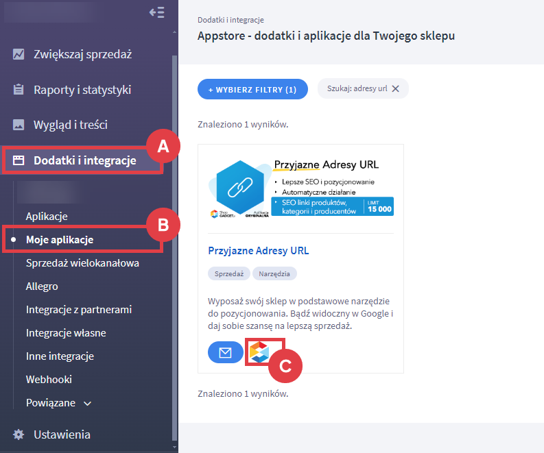 Panel administracyjny sklepu > Dodatki i integracje > Moje aplikacje > Przyjazne adresy URL
