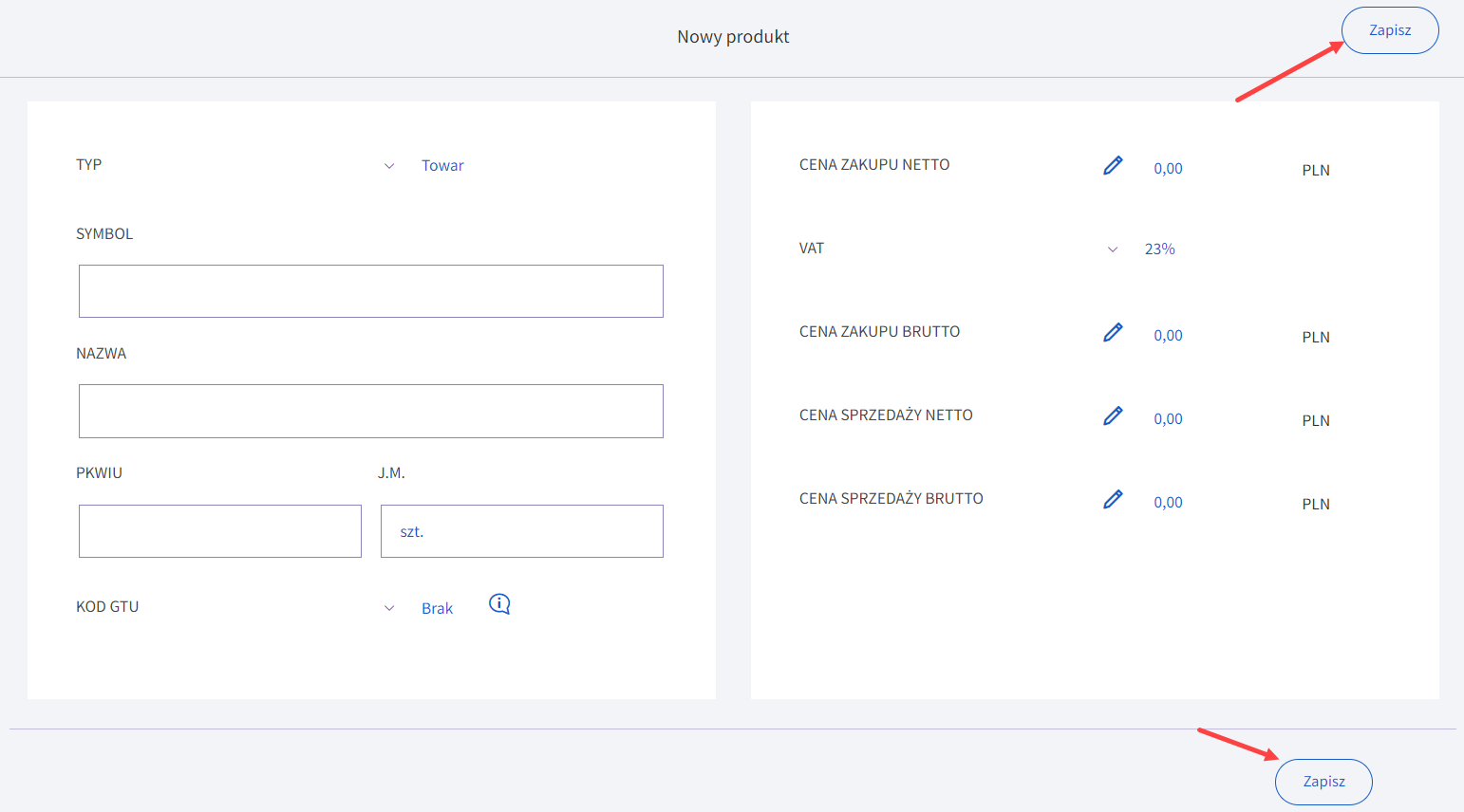 Uzupełnij formularz dodawania nowego produktu do magazynu i kliknij przycisk: Zapisz