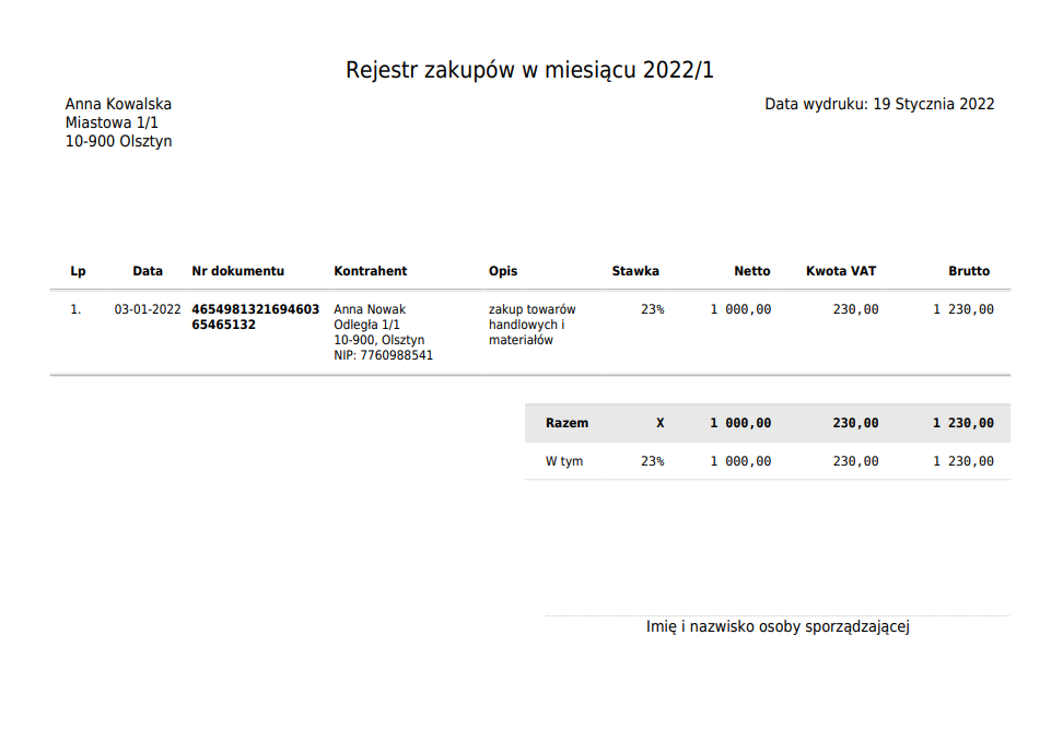 Przykład wygenerowanego rejestru zakupów VAT w Shoper Faktury i Magazyn. Przykład wygenerowanego rejestru zakupów VAT w Shoper Faktury i Magazyn.