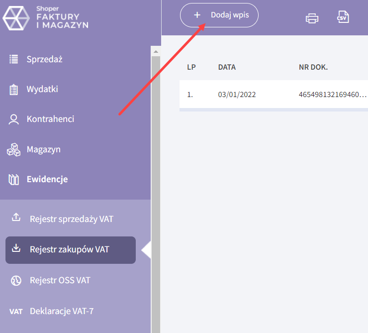 Aby dodać nowy wpis do rejestru, kliknij przycisk: + Dodaj wpis
