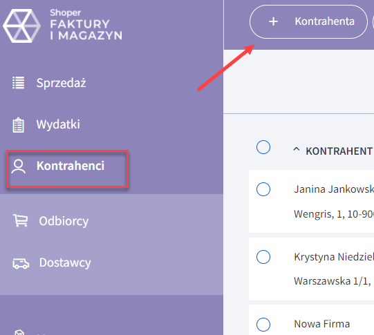 Kliknij przycisk plusa, aby rozpocząć dodawanie nowego kontrahenta do bazy
