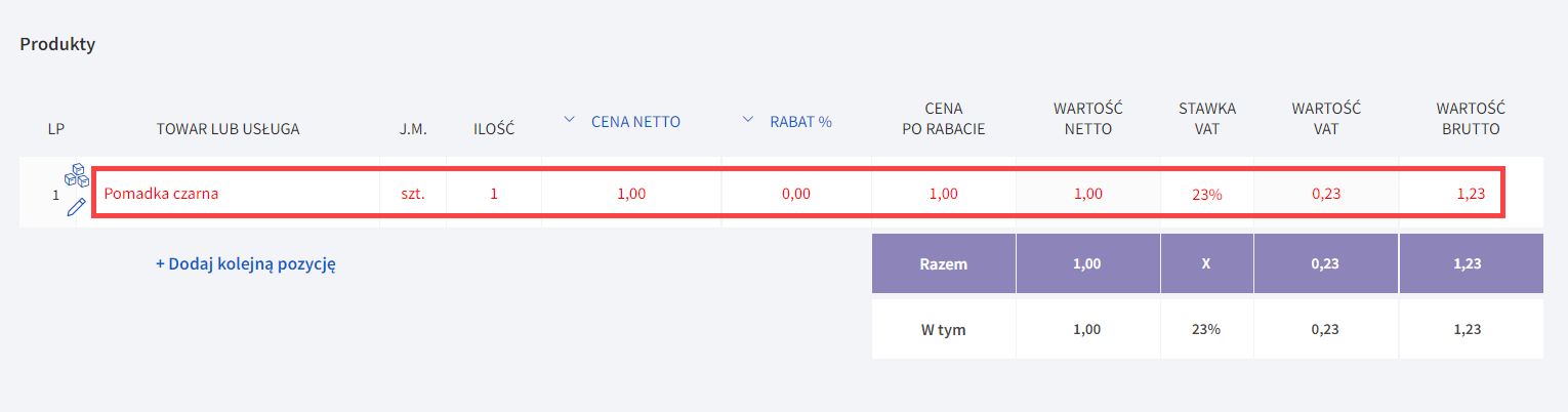 Przykładowa pozycja na fakturze oznaczona czerwonym kolorem Przykładowa pozycja na fakturze oznaczona czerwonym kolorem