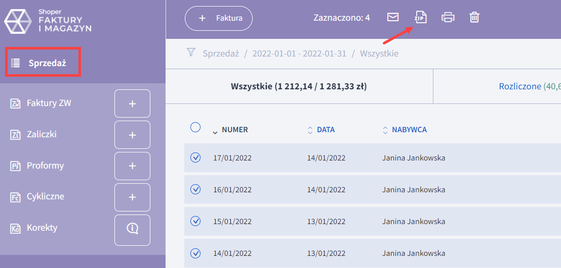Zaznacz faktury, które chcesz pobrać w pliku ZIP