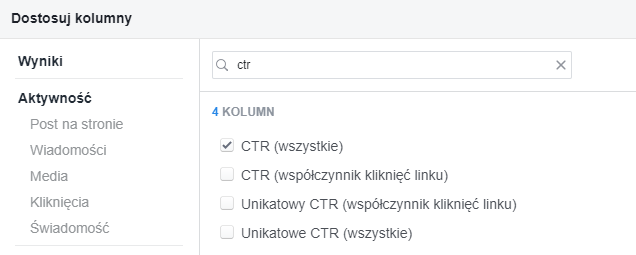 Dostosowanie kolumn wyświetlających dane o parametrze CTR Dostosowanie kolumn wyświetlających dane o parametrze CTR