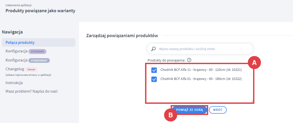 Panel administracyjny sklepu > Dodatki i integracje > Moje aplikacje > Produkty powiązane jako warianty > Połączenie produktów > Potwierdzenie