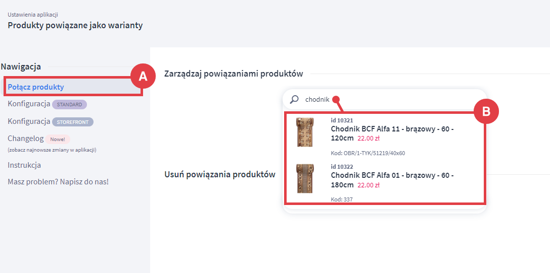 Panel administracyjny sklepu > Dodatki i integracje > Moje aplikacje > Produkty powiązane jako warianty > Połączenie produktów