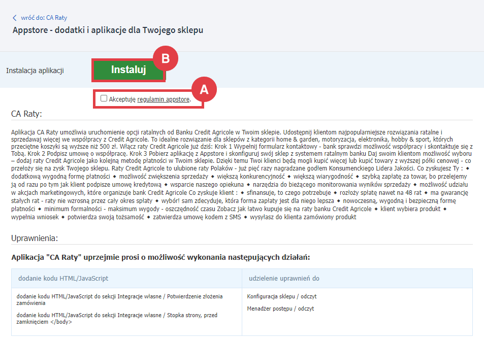 Panel administracyjny sklepu > Dodatki i integracje > Aplikacje > CA Raty > Instalacja