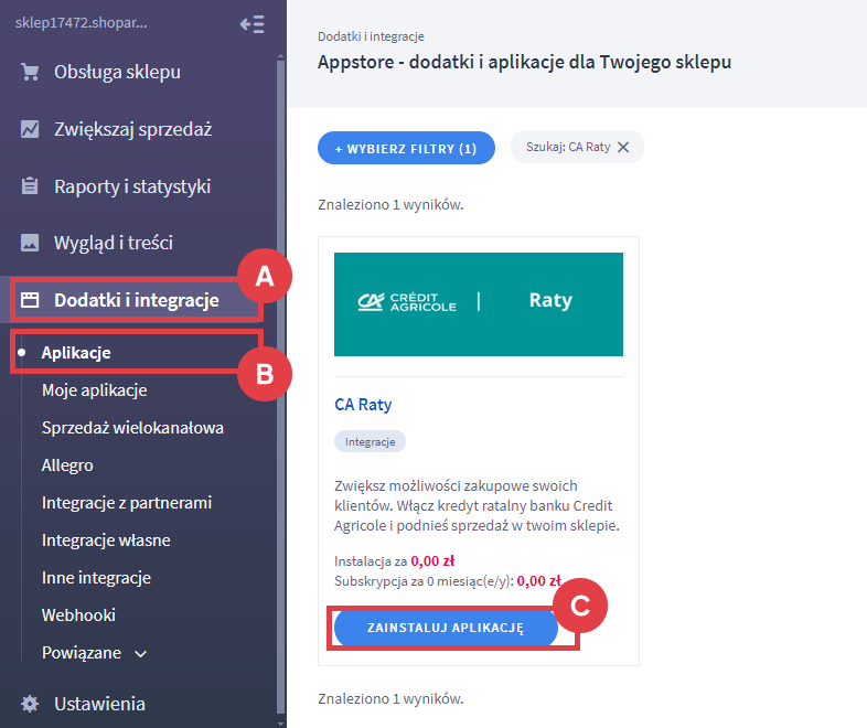 Panel administracyjny sklepu > Dodatki i integracje > Aplikacje > CA Raty