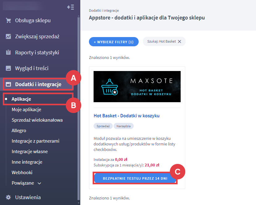 Bezpłatnie testuj aplikację Hot Basket - Dodatki w koszyku przez 14 dni Panel administracyjny sklepu > Dodatki i integracje > Aplikacje > Hot Basket - Dodatki w koszyku