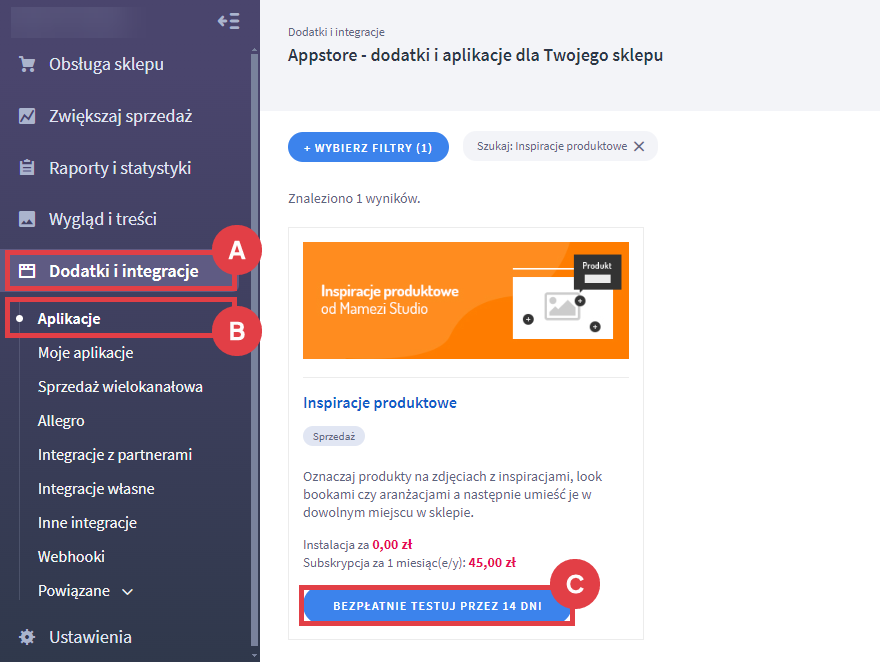 Panel administracyjny sklepu > Dodatki i integracje > Aplikacje > Inspiracje produktowe