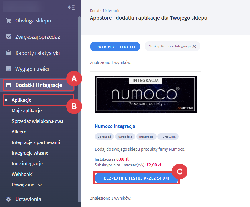Bezpłatnie testuj aplikację Numoco Integracja przez 14 dni w sklepie Shoper Panel administracyjny sklepu > Dodatki i integracje > Aplikacje > Numoco