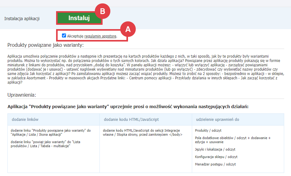 Panel administracyjny sklepu > Dodatki i integracje > Aplikacje > Produkty powiązane jako warianty > Instalacja