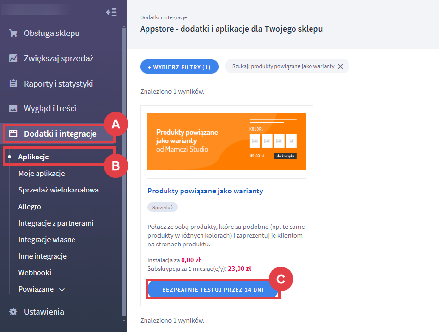 Panel administracyjny sklepu > Dodatki i integracje > Aplikacje > Produkty powiązane jako warianty